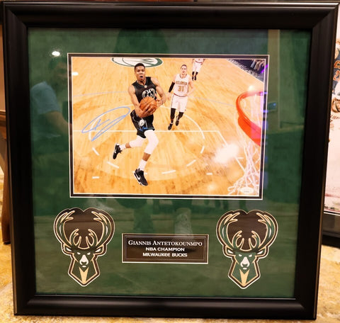 Giannis Antetokounmpo Autographed 11x14 Photo -- Framed 24x23 | JSA COA