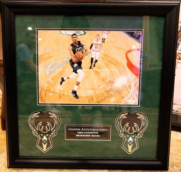 Giannis Antetokounmpo Autographed 11x14 Photo -- Framed 24x23 | JSA COA