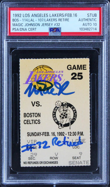 Lakers Magic Johnson "#32 Retired" Signed 2/16/1992 Ticket Stub Auto 10 PSA Slab