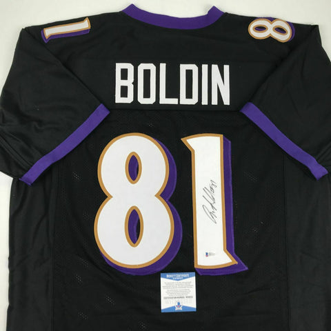 Autographed/Signed ANQUAN BOLDIN Baltimore Black Football Jersey Beckett BAS COA
