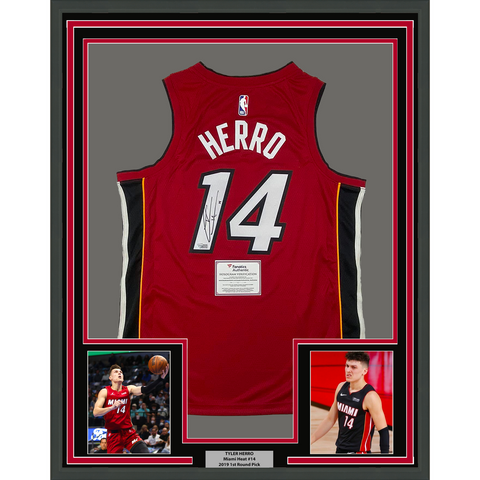 Framed Autographed/Signed Tyler Herro 33x42 Miami Heat Red Jersey Fanatics COA