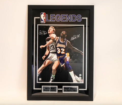 Larry Bird & Magic Johnson Dual Autographed Framed 16x20 Photo -- BAS COA