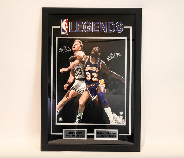 Larry Bird & Magic Johnson Dual Autographed Framed 16x20 Photo -- BAS COA