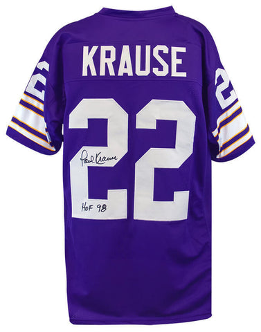 Paul Krause VIKINGS Signed Purple Custom Football Jersey w/HOF'98 - SCHWARTZ COA