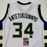 Autographed/Signed Giannis Antetokounmpo Milwaukee White Basketball Jersey JSA C