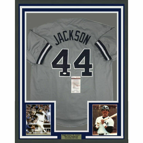 FRAMED Autographed/Signed REGGIE JACKSON 33x42 New York Grey Jersey JSA COA Auto