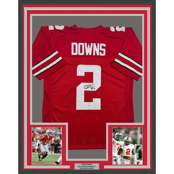 Framed Autographed/Signed Caleb Downs 35x39 Ohio State Red Jersey JSA COA