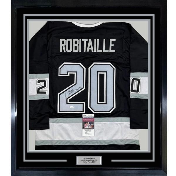 Framed Signed Luc Robitaille HOF 09 35x39 LA Black Jersey JSA COA