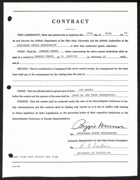 Biggie Munn HOF Michigan State Head Coach Signed/Auto Contract JSA BA199672