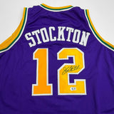 Autographed/Signed John Stockton Utah Purple Jersey Beckett BAS COA