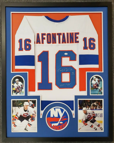 FRAMED PAT LAFONTAINE AUTOGRAPHED INSCRIBED HOF 03 N.Y. ISLANDERS JERSEY JSA COA