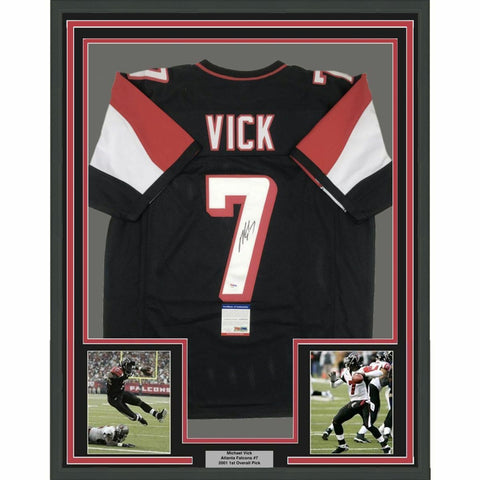 FRAMED Autographed/Signed MICHAEL MIKE VICK 33x42 Atlanta Black Jersey PSA COA