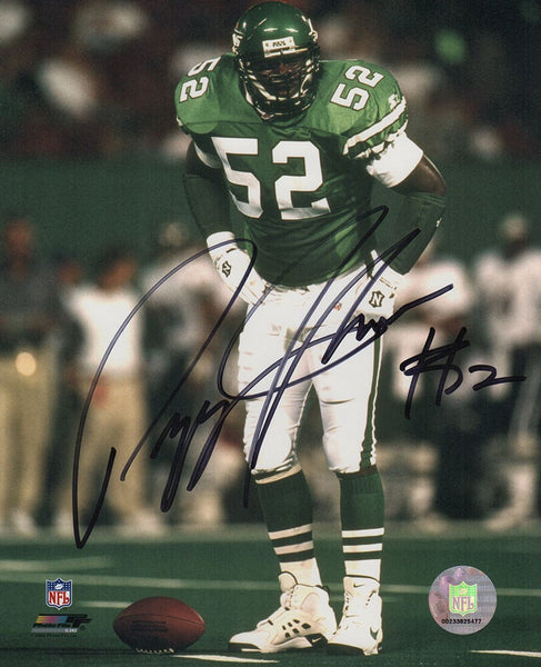 Pepper Johnson Signed Jets Green Jersey Over Football 8x10 Photo -(SCHWARTZ COA)