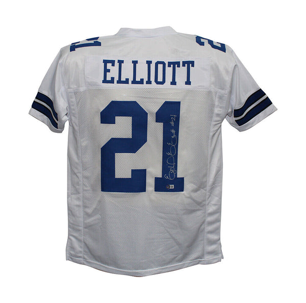 Ezekiel Elliott Autographed/Signed Pro Style White XL Jersey Beckett 37016