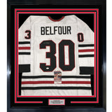 FRAMED Autographed/Signed ED BELFOUR 35x39 Chicago White Jersey JSA COA