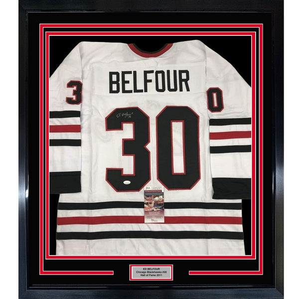 FRAMED Autographed/Signed ED BELFOUR 35x39 Chicago White Jersey JSA COA