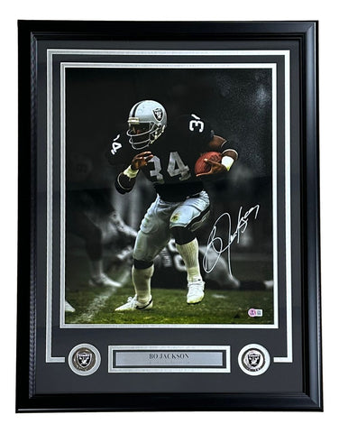 Bo Jackson Signed Framed 16x20 Oakland Raiders Black Jersey Photo BAS