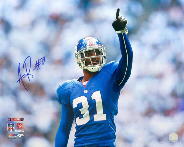 Aaron Ross Signed New York Giants Blue Jersey Pointing 16x20 Photo -SCHWARTZ COA