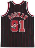 FRMD Dennis Rodman Bulls Signed Black & Red Pinstripe Mitchell & Ness Rep Jersey