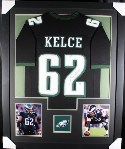 JASON KELCE (Eagles black TOWER) Signed Autographed Framed Jersey PSA