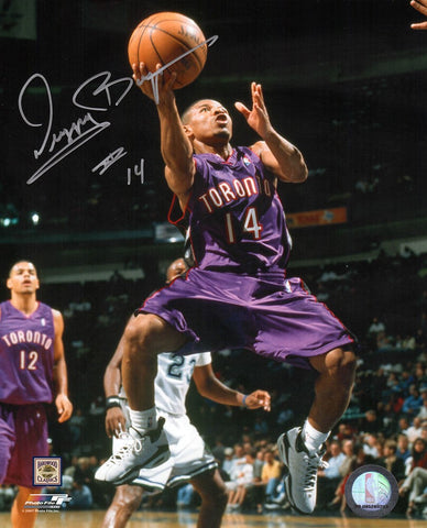 Muggsy Bogues Signed Raptors Purple Jersey Action 8x10 Photo - (SCHWARTZ COA)