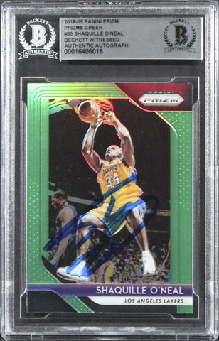 Lakers Shaquille O'Neal Signed 2018 Panini Prizm Green #35 Card BAS Slabbed