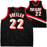 PORTLAND TRAIL BLAZERS CLYDE DREXLER AUTOGRAPHED BLACK JERSEY JSA STOCK #215756