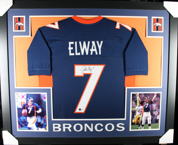 John Elway Autographed Pro Style Sz XL Blue Framed Jersey 35x43 Beckett 57296
