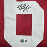 Framed Autographed/Signed Baker Mayfield 35x39 Oklahoma Red Jersey BAS COA