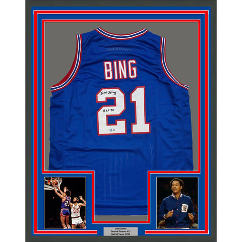 Framed Autographed/Signed Dave Bing 35x39 HOF 90 Detroit Blue Jersey Beckett COA