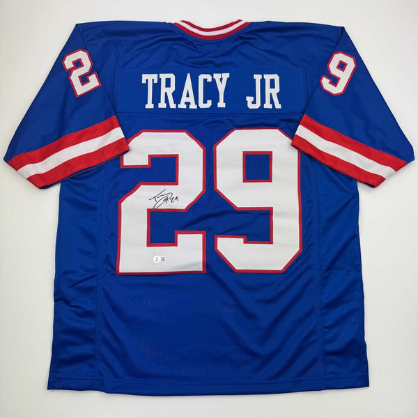 Autographed/Signed Tyrone Tracy Jr. New York Blue Football Jersey Beckett COA #2
