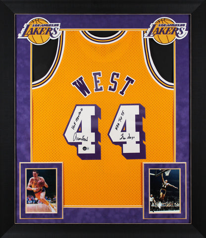 Lakers Jerry West "3x Insc" Signed Yellow M&N HWC Swingman Framed Jersey BAS