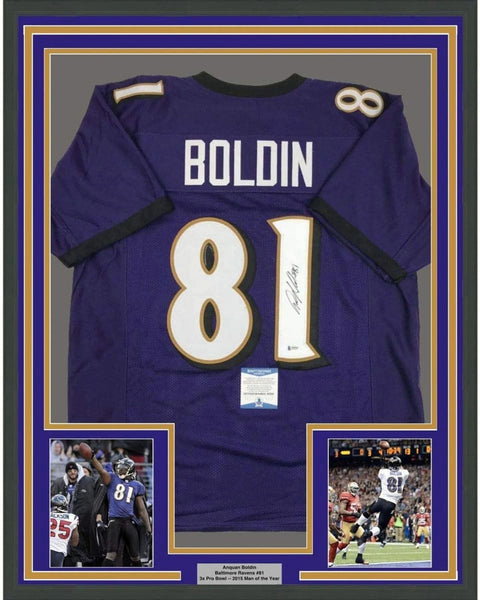 FRAMED Autographed/Signed ANQUAN BOLDIN 35x39 Baltimore Purple Jersey COA