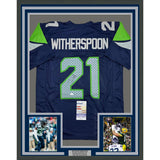 Framed Autographed/Signed Devon Witherspoon 35x39 Seattle Blue Jersey JSA COA