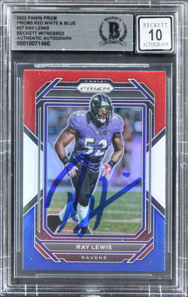 Ravens Ray Lewis Signed 2022 Panini Prizm RWB #27 Card Auto Gem 10! BAS Slabbed