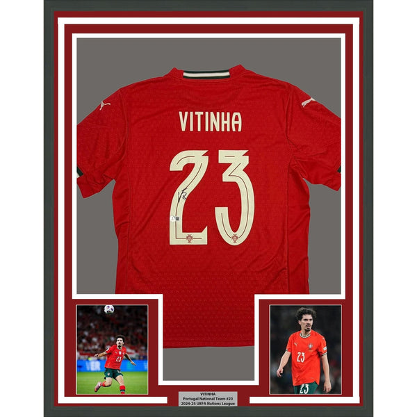 Framed Autographed/Signed Vitinha 35x39 Red Portugal Jersey Beckett BAS COA