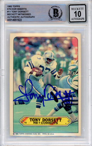 Tony Dorsett Autographed/Signed 1983 Topps Sticker Beckett Slab 39197