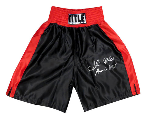 Oliver McCall Signed Title Black & Red Trim Boxing Trunks w/Atomic Bull (SS COA)