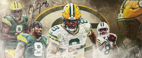 Packers JOSH JACOBS Signed 13x31 Stretched Canvas Green Bay Collage AUTO - BAS