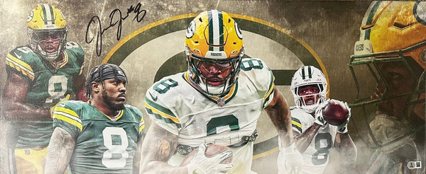 Packers JOSH JACOBS Signed 13x31 Stretched Canvas Green Bay Collage AUTO - BAS