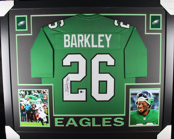SAQUON BARKLEY (Eagles kelly SKYLINE) Signed Autographed Framed Jersey Beckett