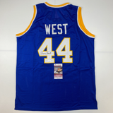 Autographed/Signed Jerry West West Virginia Blue College Basketball Jersey JSA C