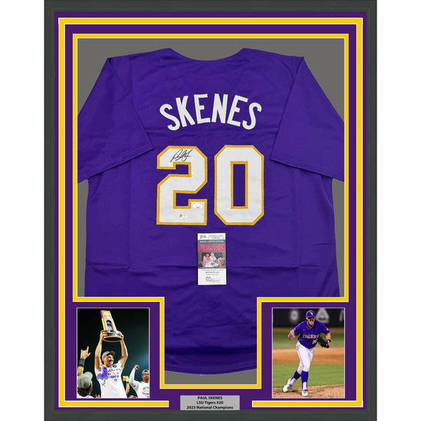 Framed Autographed/Signed Paul Skenes 35x39 Purple LSU College Jersey JSA COA