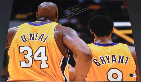 SHAQUILLE SHAQ O'NEAL SIGNED LOS ANGELES LAKERS 16x20 PHOTO W/ KOBE BRYANT