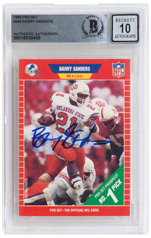 Barry Sanders Signed 1989 Pro Set Football Rookie Card #494 -(Beckett / Auto 10)
