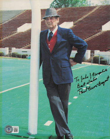 Paul Bear Bryant Autographed 8x10 Photo Alabama "To John" Beckett QR #AC94153