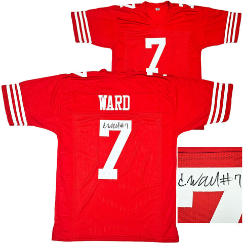 49ERS CHARVARIUS WARD AUTOGRAPHED SIGNED RED JERSEY BECKETT WITNESS 218750
