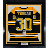 Framed Autographed/Signed Tim Thomas 35x39 Boston Black Jersey JSA COA