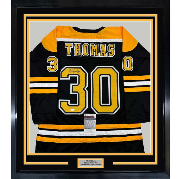 Framed Autographed/Signed Tim Thomas 35x39 Boston Black Jersey JSA COA