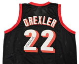 PORTLAND TRAIL BLAZERS CLYDE DREXLER AUTOGRAPHED BLACK JERSEY JSA STOCK #215756